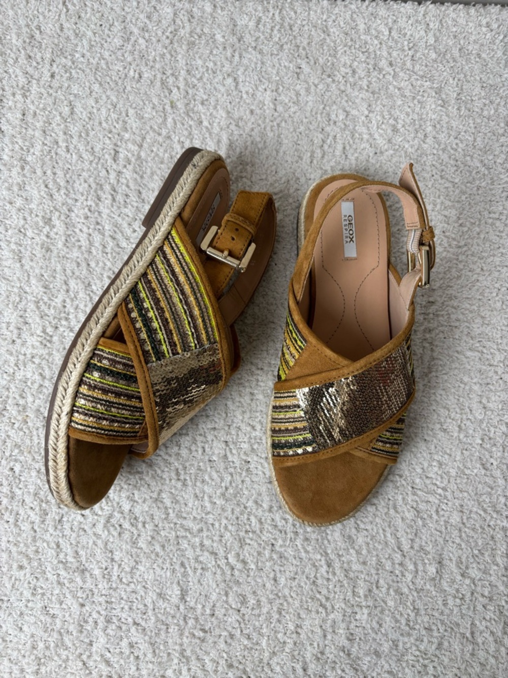 Geox Sandals Womens 5 Brown Tan Embroidered Sequin Slingback Espadrille‎ Comfort